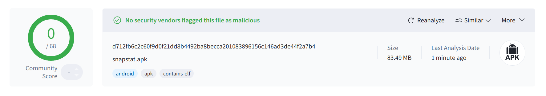 VirusTotal result showing no detections for the SnapStat APK